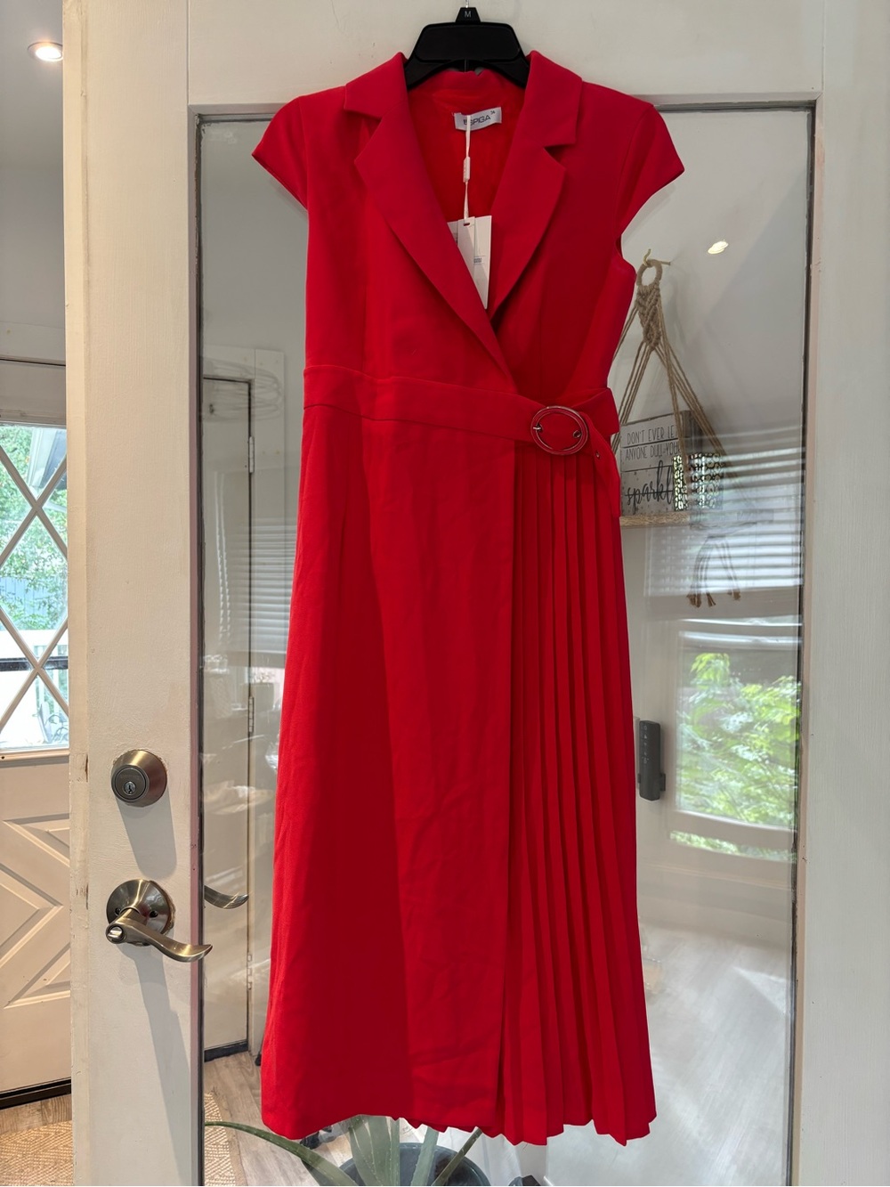 Cap-Sleeve Red Midi Dress with Pleated Skirt and Belt